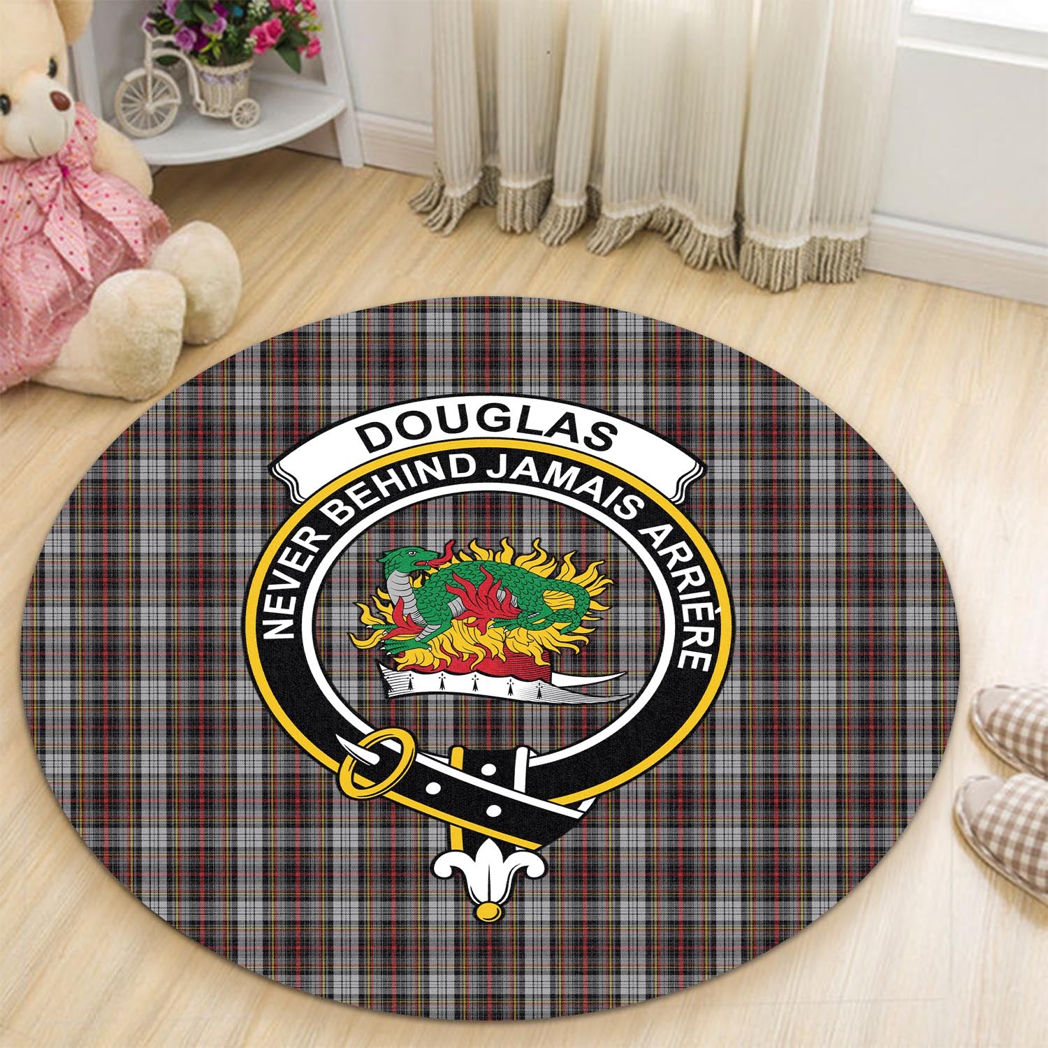 Douglas Ancient Dress Tartan Round Rug with Family Crest - Tartanvibesclothing