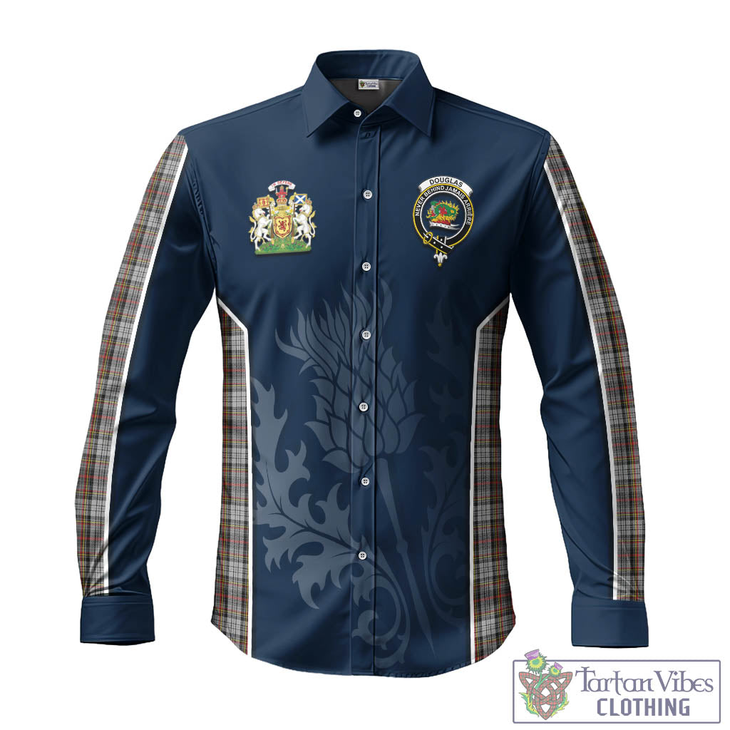 Tartan Vibes Clothing Douglas Ancient Dress Tartan Long Sleeve Button Up Shirt with Family Crest and Scottish Thistle Vibes Sport Style