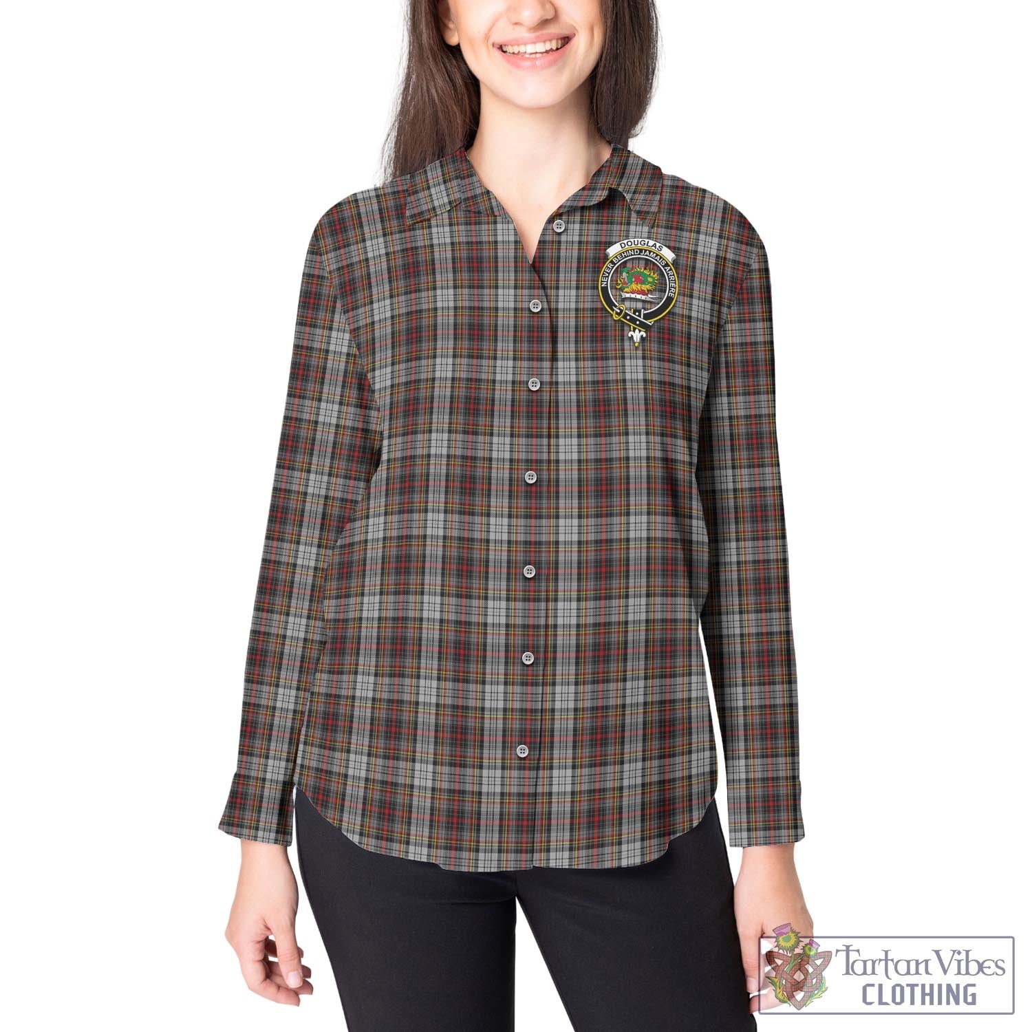 Tartan Vibes Clothing Douglas Ancient Dress Tartan Womens Casual Shirt with Family Crest