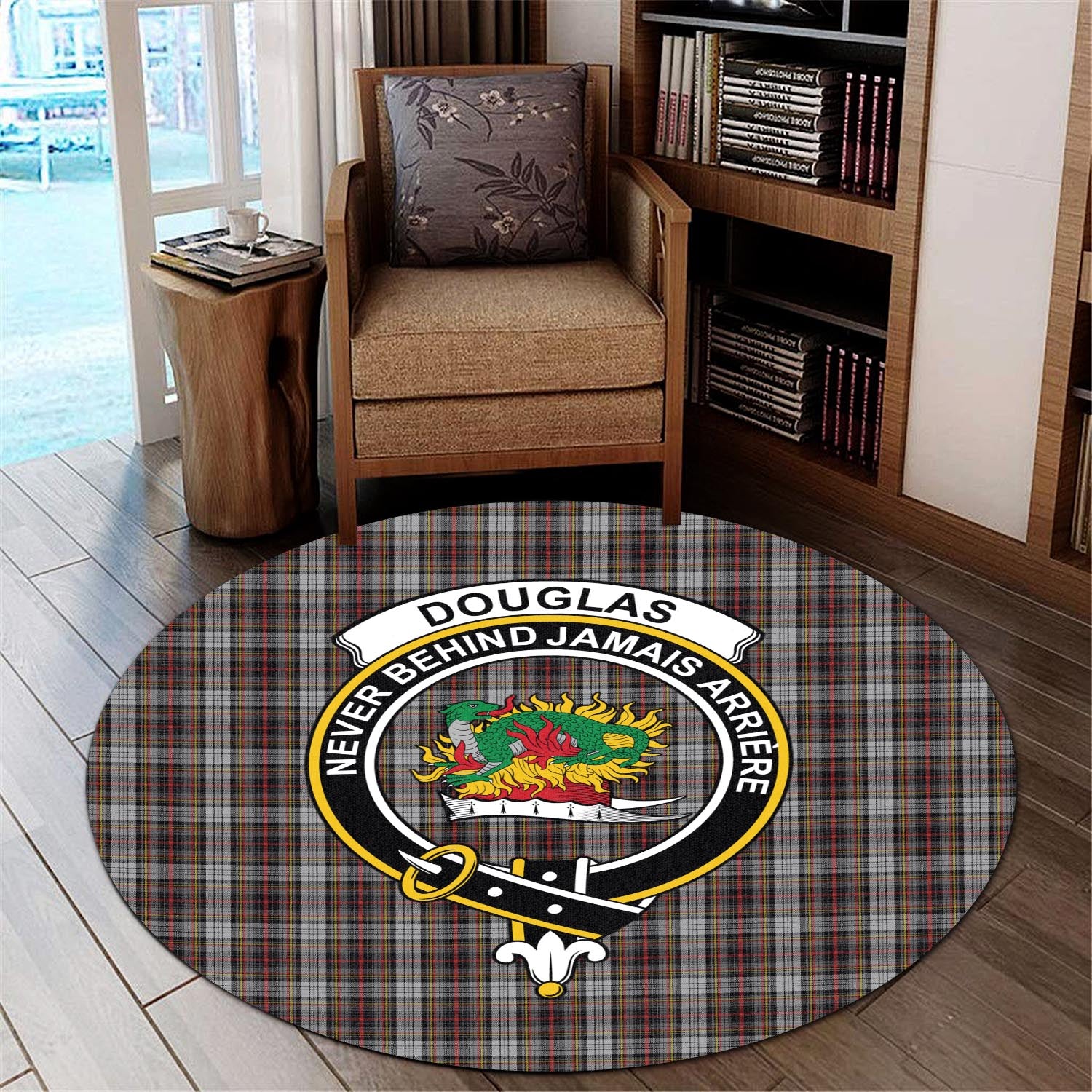 Douglas Ancient Dress Tartan Round Rug with Family Crest - Tartanvibesclothing