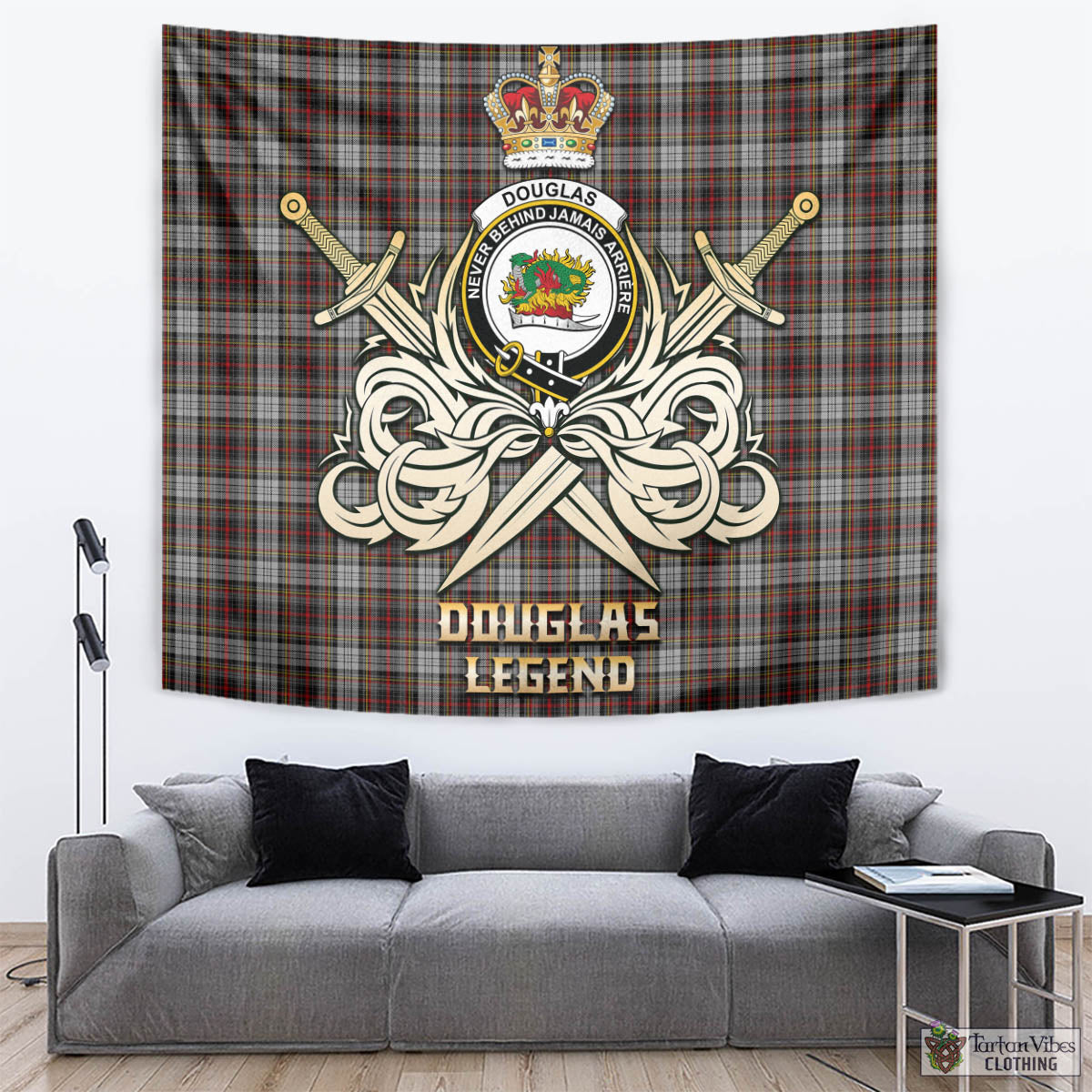 Tartan Vibes Clothing Douglas Ancient Dress Tartan Tapestry with Clan Crest and the Golden Sword of Courageous Legacy