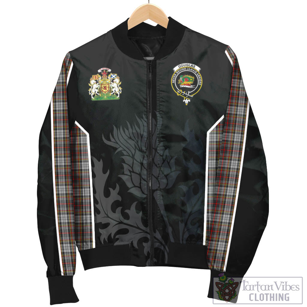 Tartan Vibes Clothing Douglas Ancient Dress Tartan Bomber Jacket with Family Crest and Scottish Thistle Vibes Sport Style