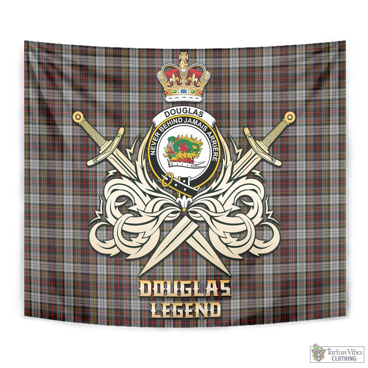 Tartan Vibes Clothing Douglas Ancient Dress Tartan Tapestry with Clan Crest and the Golden Sword of Courageous Legacy