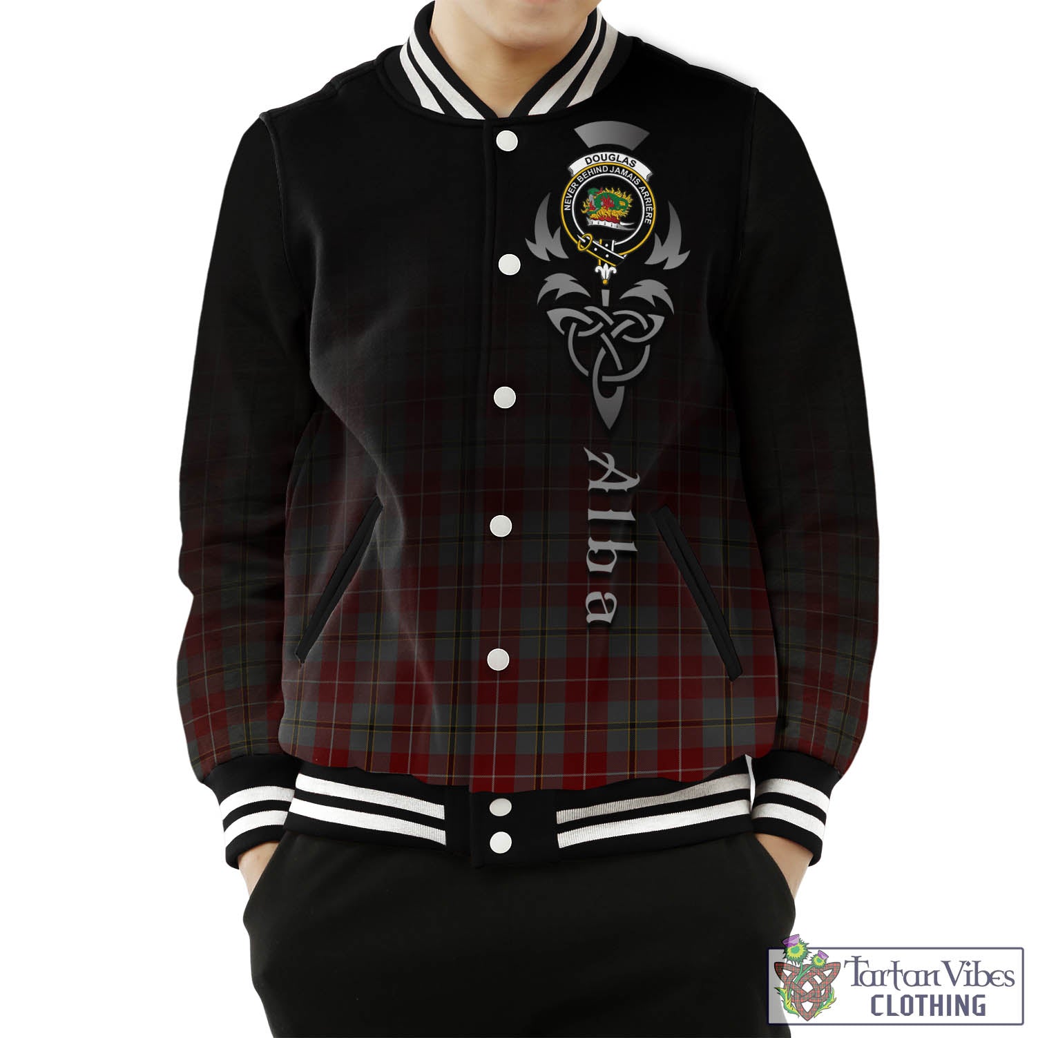 Tartan Vibes Clothing Douglas Ancient Red Tartan Baseball Jacket Featuring Alba Gu Brath Family Crest Celtic Inspired