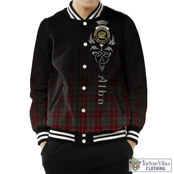 Douglas Ancient Red Tartan Baseball Jacket Featuring Alba Gu Brath Family Crest Celtic Inspired