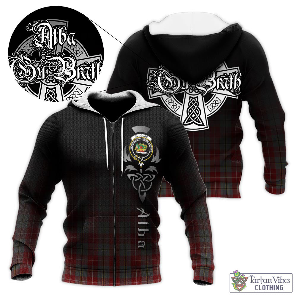 Tartan Vibes Clothing Douglas Ancient Red Tartan Knitted Hoodie Featuring Alba Gu Brath Family Crest Celtic Inspired