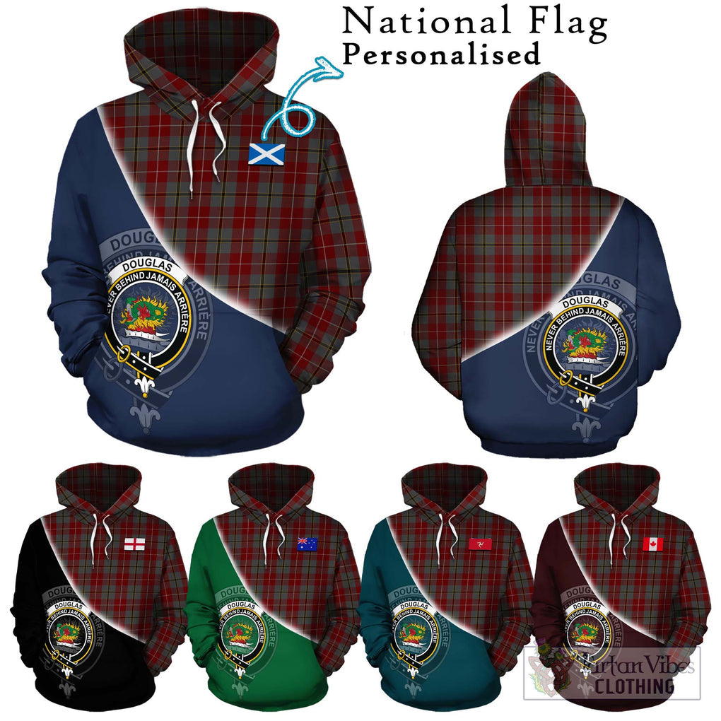 Douglas Ancient Red Tartan Hoodie with Personalised National Flag and Family Crest Half Style Zip Hoodie - Tartanvibesclothing Shop