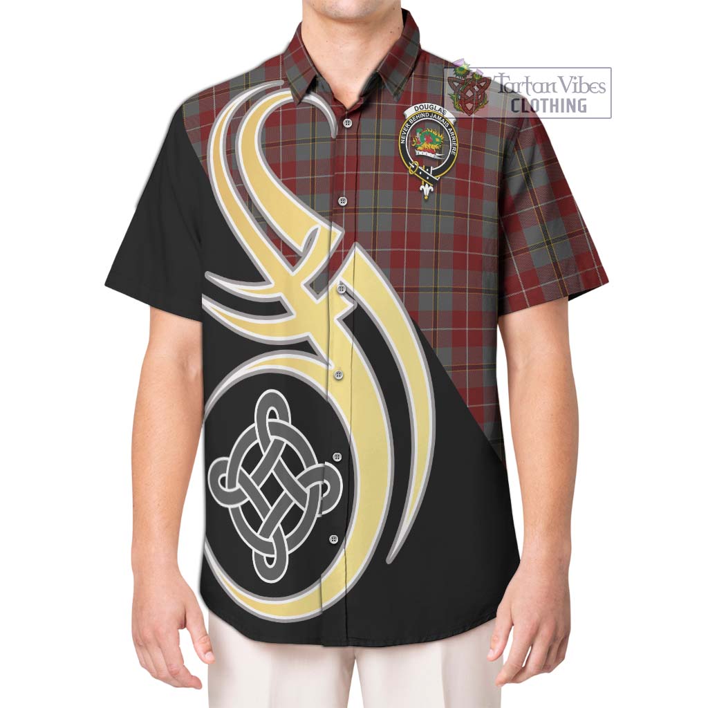 Douglas Ancient Red Tartan Short Sleeve Button Shirt with Family Crest and Celtic Symbol Style Kid - Tartan Vibes Clothing