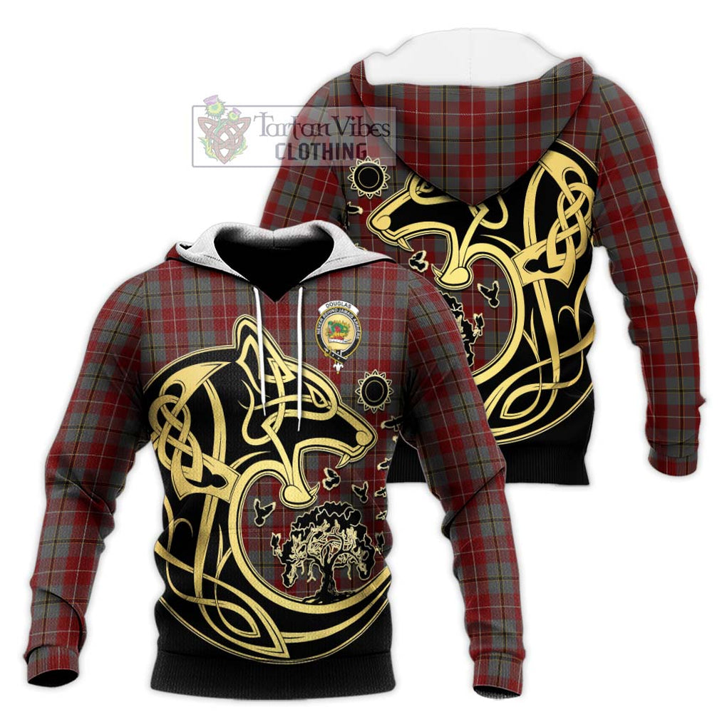 Douglas Ancient Red Tartan Knitted Hoodie with Family Crest Celtic Wolf Style Unisex Knitted Pullover Hoodie - Tartan Vibes Clothing