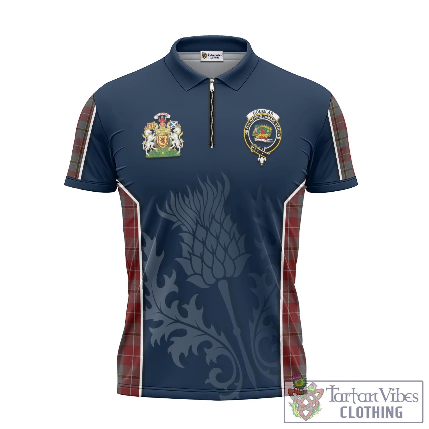 Tartan Vibes Clothing Douglas Ancient Red Tartan Zipper Polo Shirt with Family Crest and Scottish Thistle Vibes Sport Style