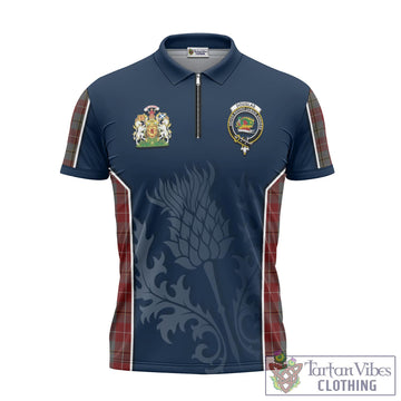 Douglas Ancient Red Tartan Zipper Polo Shirt with Family Crest and Scottish Thistle Vibes Sport Style