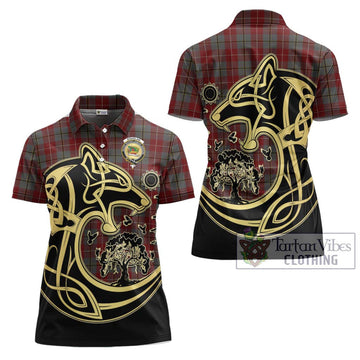 Douglas Ancient Red Tartan Women's Polo Shirt with Family Crest Celtic Wolf Style