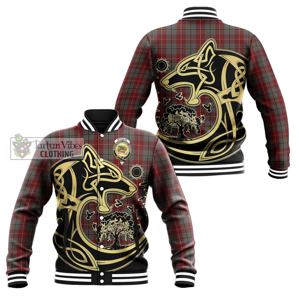 Douglas Ancient Red Tartan Baseball Jacket with Family Crest Celtic Wolf Style Unisex - Tartan Vibes Clothing