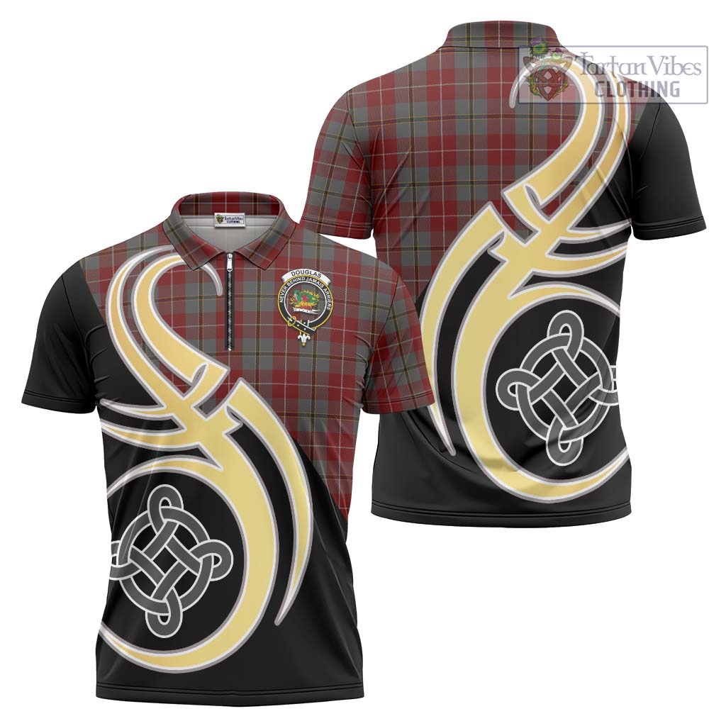 Tartan Vibes Clothing Douglas Ancient Red Tartan Zipper Polo Shirt with Family Crest and Celtic Symbol Style