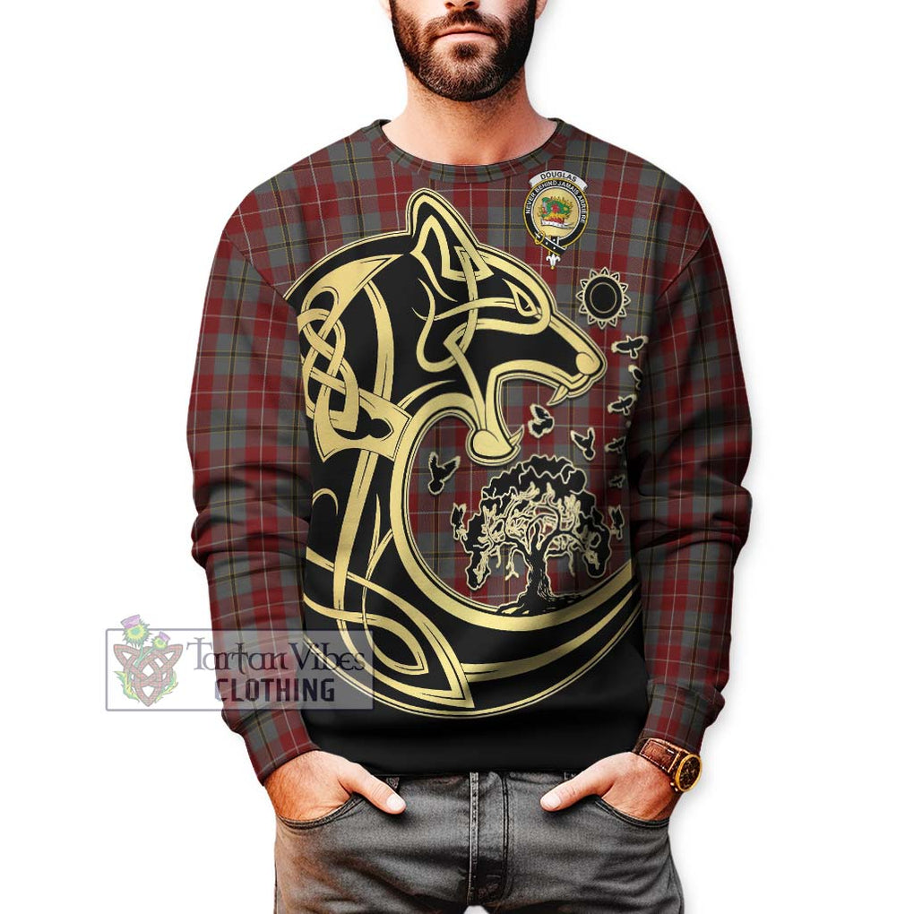 Douglas Ancient Red Tartan Sweatshirt with Family Crest Celtic Wolf Style Unisex - Tartan Vibes Clothing