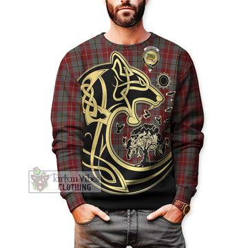 Douglas Ancient Red Tartan Sweatshirt with Family Crest Celtic Wolf Style