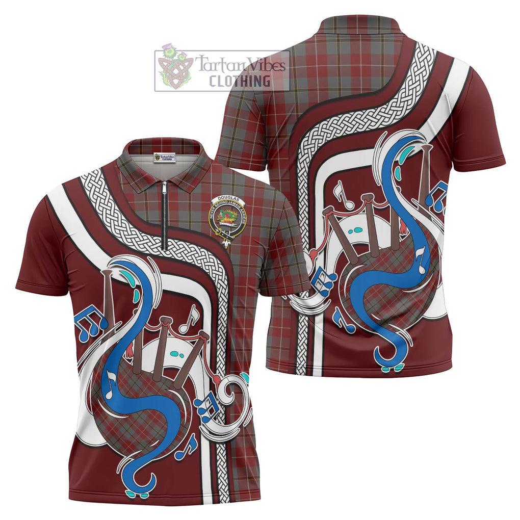 Douglas Ancient Red Tartan Zipper Polo Shirt with Epic Bagpipe Style Unisex - Tartanvibesclothing Shop