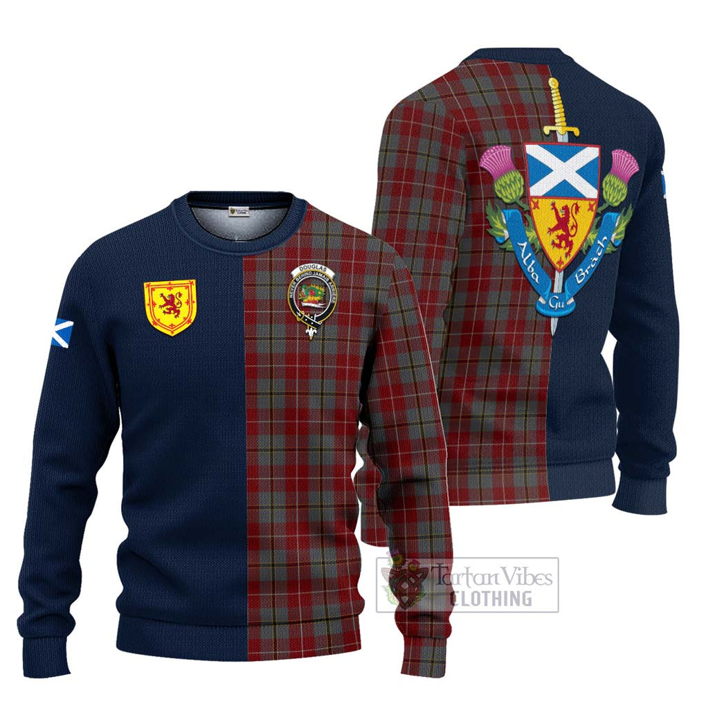 Tartan Vibes Clothing Douglas Ancient Red Tartan Knitted Sweater with Scottish Lion Royal Arm Half Style