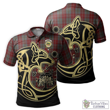 Douglas Ancient Red Tartan Polo Shirt with Family Crest Celtic Wolf Style