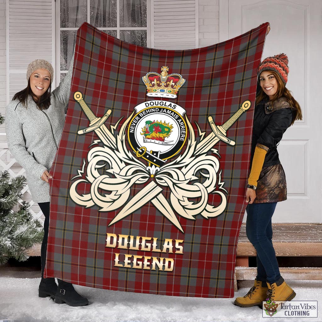 Tartan Vibes Clothing Douglas Ancient Red Tartan Blanket with Clan Crest and the Golden Sword of Courageous Legacy