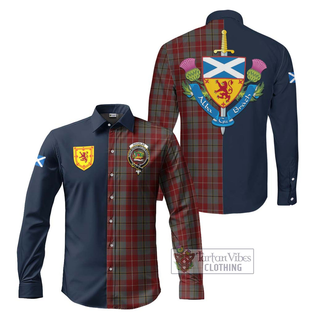 Tartan Vibes Clothing Douglas Ancient Red Tartan Long Sleeve Button Shirt with Scottish Lion Royal Arm Half Style