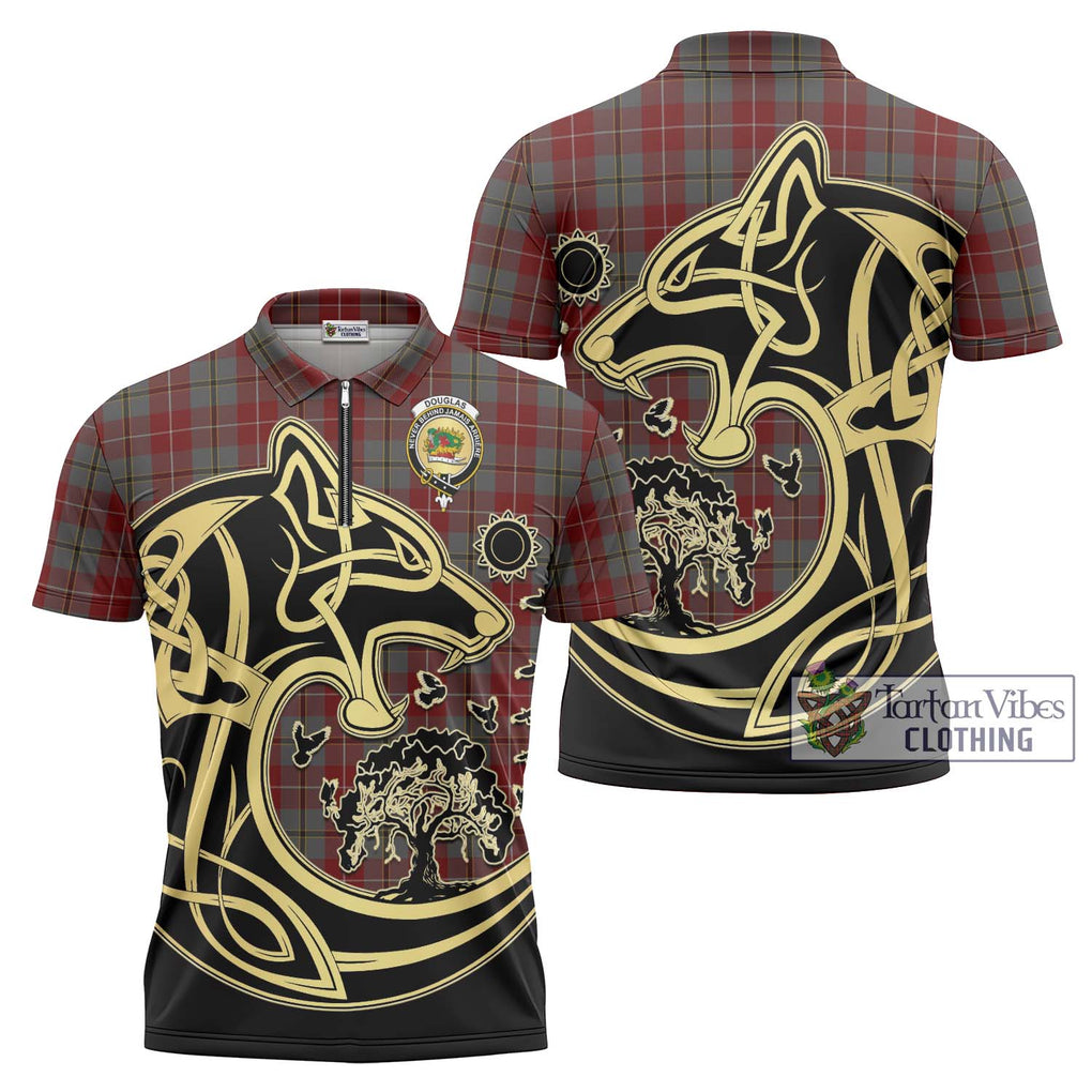 Douglas Ancient Red Tartan Zipper Polo Shirt with Family Crest Celtic Wolf Style Unisex - Tartanvibesclothing Shop