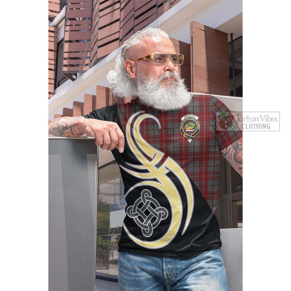 Tartan Vibes Clothing Douglas Ancient Red Tartan Cotton T-shirt with Family Crest and Celtic Symbol Style