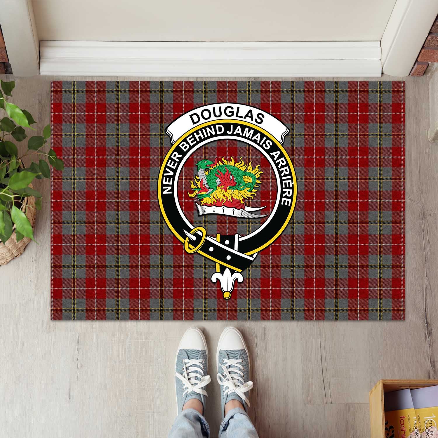 Douglas Ancient Red Tartan Door Mat with Family Crest - Tartanvibesclothing