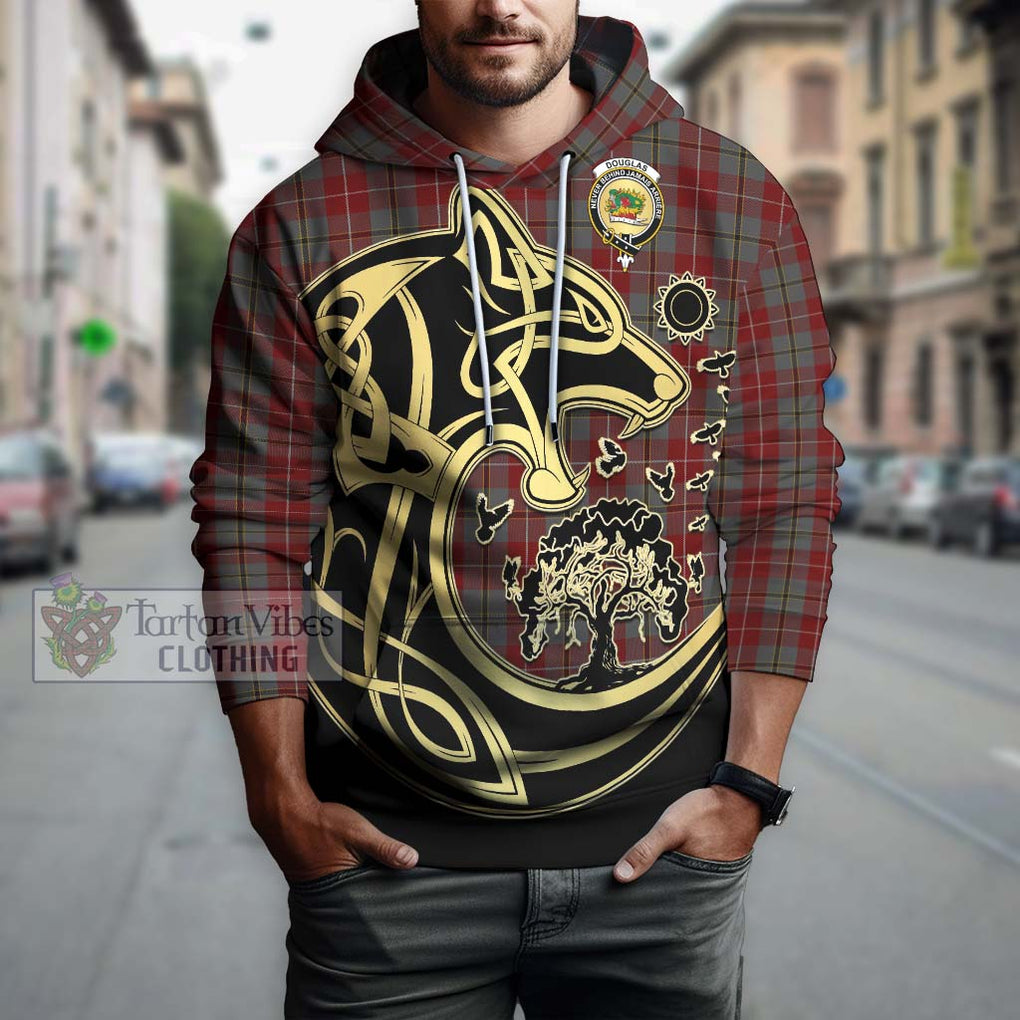 Douglas Ancient Red Tartan Hoodie with Family Crest Celtic Wolf Style Zip Hoodie - Tartan Vibes Clothing