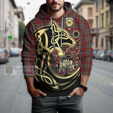 Douglas Ancient Red Tartan Hoodie with Family Crest Celtic Wolf Style