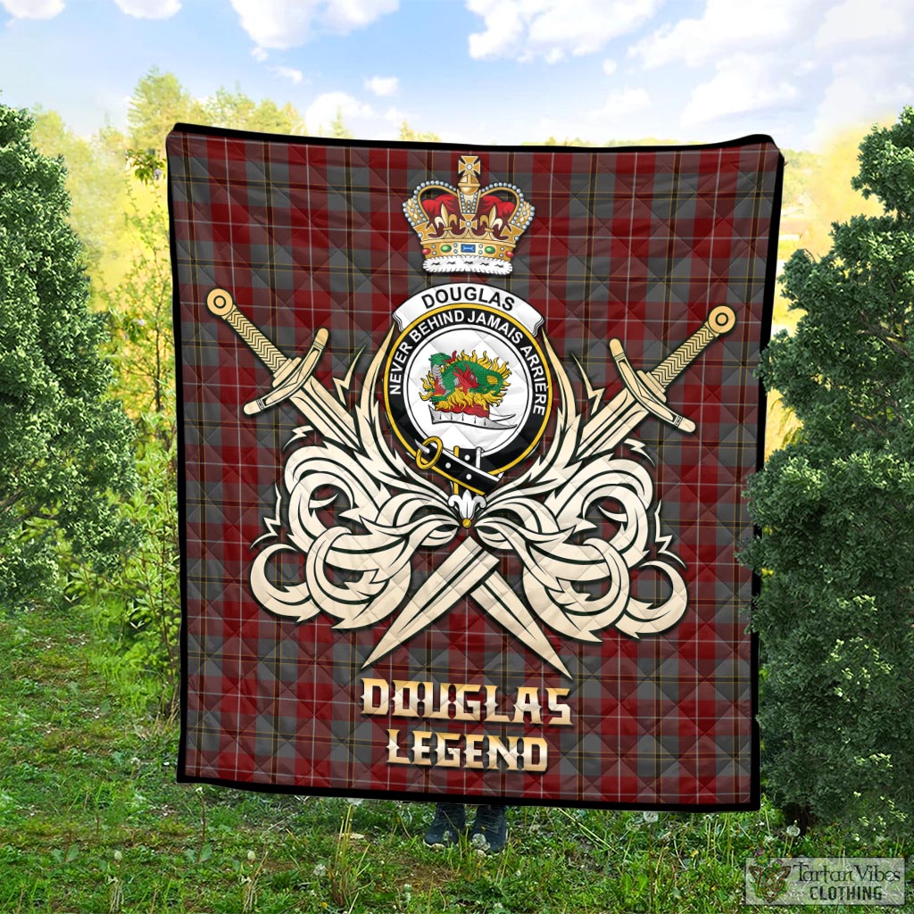 Tartan Vibes Clothing Douglas Ancient Red Tartan Quilt with Clan Crest and the Golden Sword of Courageous Legacy