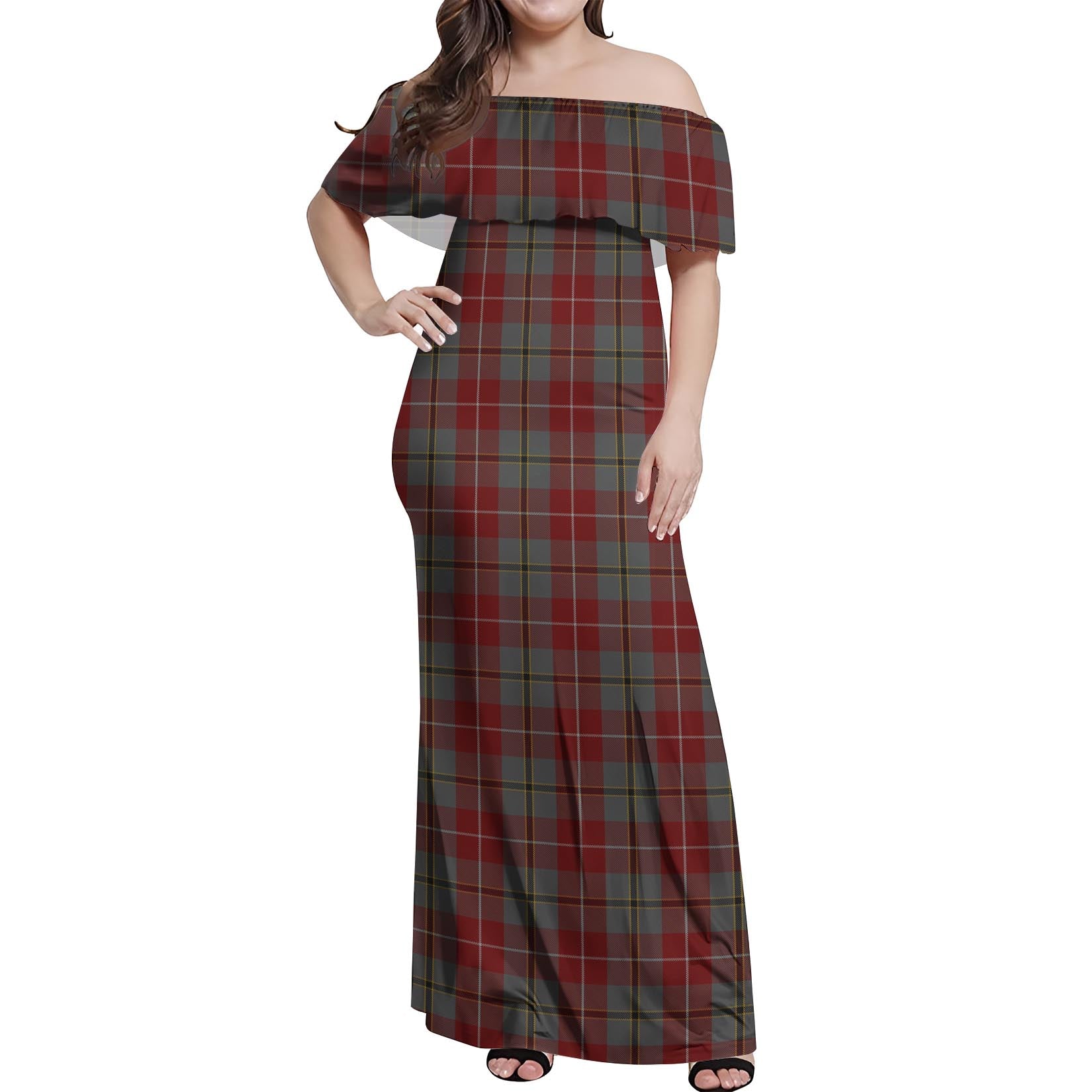 Douglas Ancient Red Tartan Off Shoulder Long Dress Women's Dress - Tartanvibesclothing