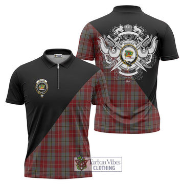 Douglas Ancient Red Tartan Zipper Polo Shirt with Family Crest and Military Logo Style