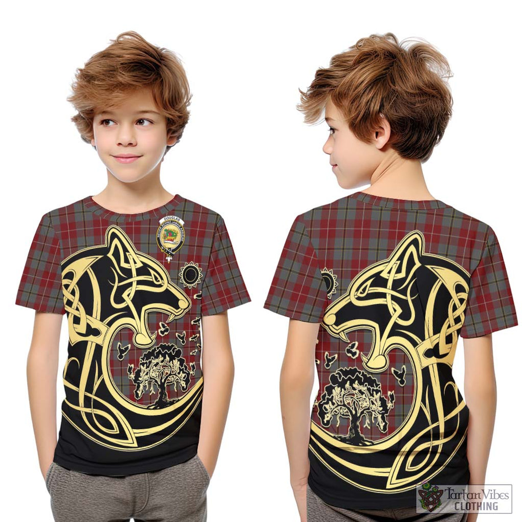 Douglas Ancient Red Tartan Kid T-Shirt with Family Crest Celtic Wolf Style Youth XL Size14 - Tartan Vibes Clothing