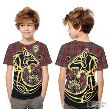 Douglas Ancient Red Tartan Kid T-Shirt with Family Crest Celtic Wolf Style