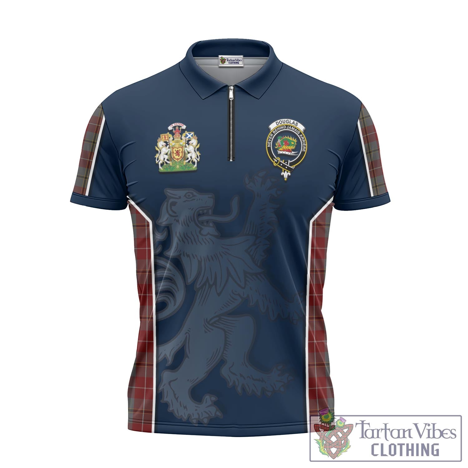 Tartan Vibes Clothing Douglas Ancient Red Tartan Zipper Polo Shirt with Family Crest and Lion Rampant Vibes Sport Style