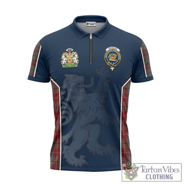 Douglas Ancient Red Tartan Zipper Polo Shirt with Family Crest and Lion Rampant Vibes Sport Style