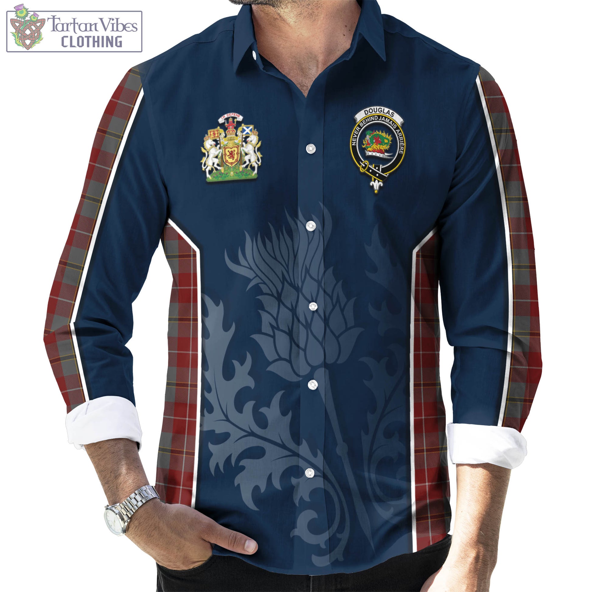 Tartan Vibes Clothing Douglas Ancient Red Tartan Long Sleeve Button Up Shirt with Family Crest and Scottish Thistle Vibes Sport Style