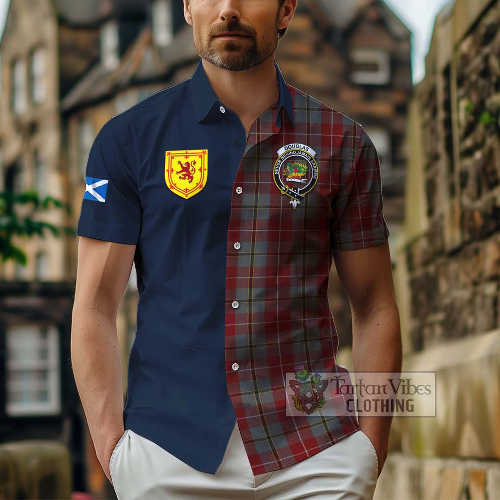 Tartan Vibes Clothing Douglas Ancient Red Tartan Short Sleeve Button Shirt with Scottish Lion Royal Arm Half Style