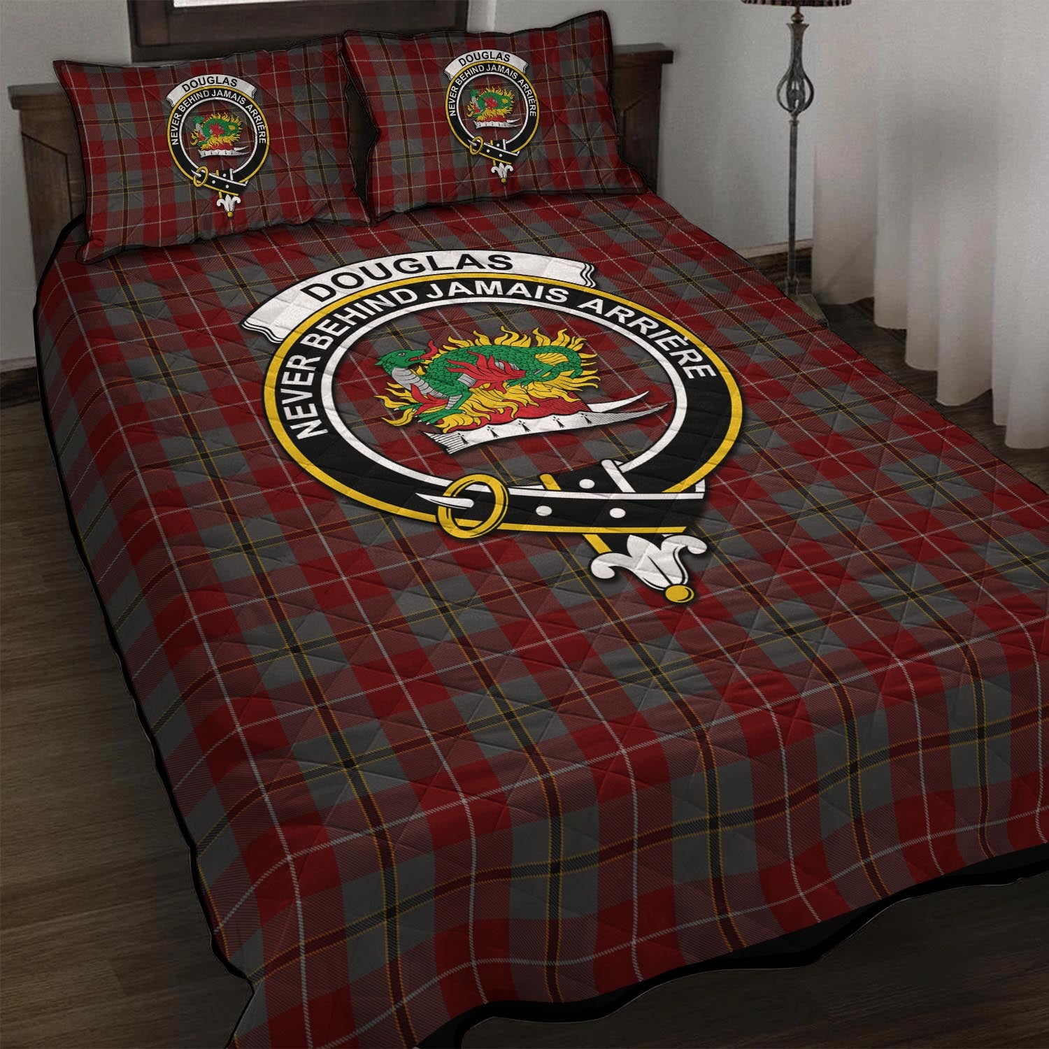 Douglas Ancient Red Tartan Quilt Bed Set with Family Crest - Tartan Vibes Clothing