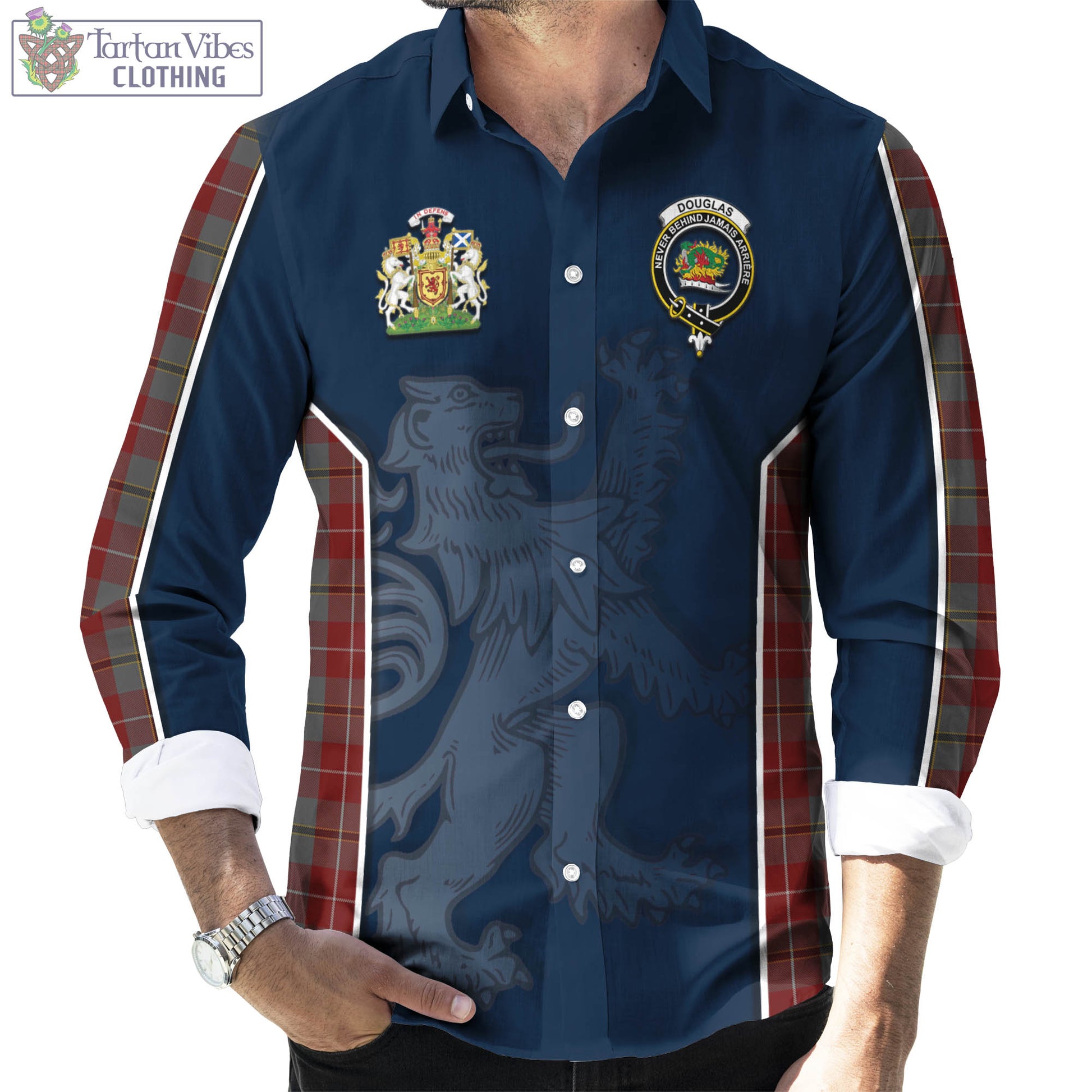 Tartan Vibes Clothing Douglas Ancient Red Tartan Long Sleeve Button Up Shirt with Family Crest and Lion Rampant Vibes Sport Style