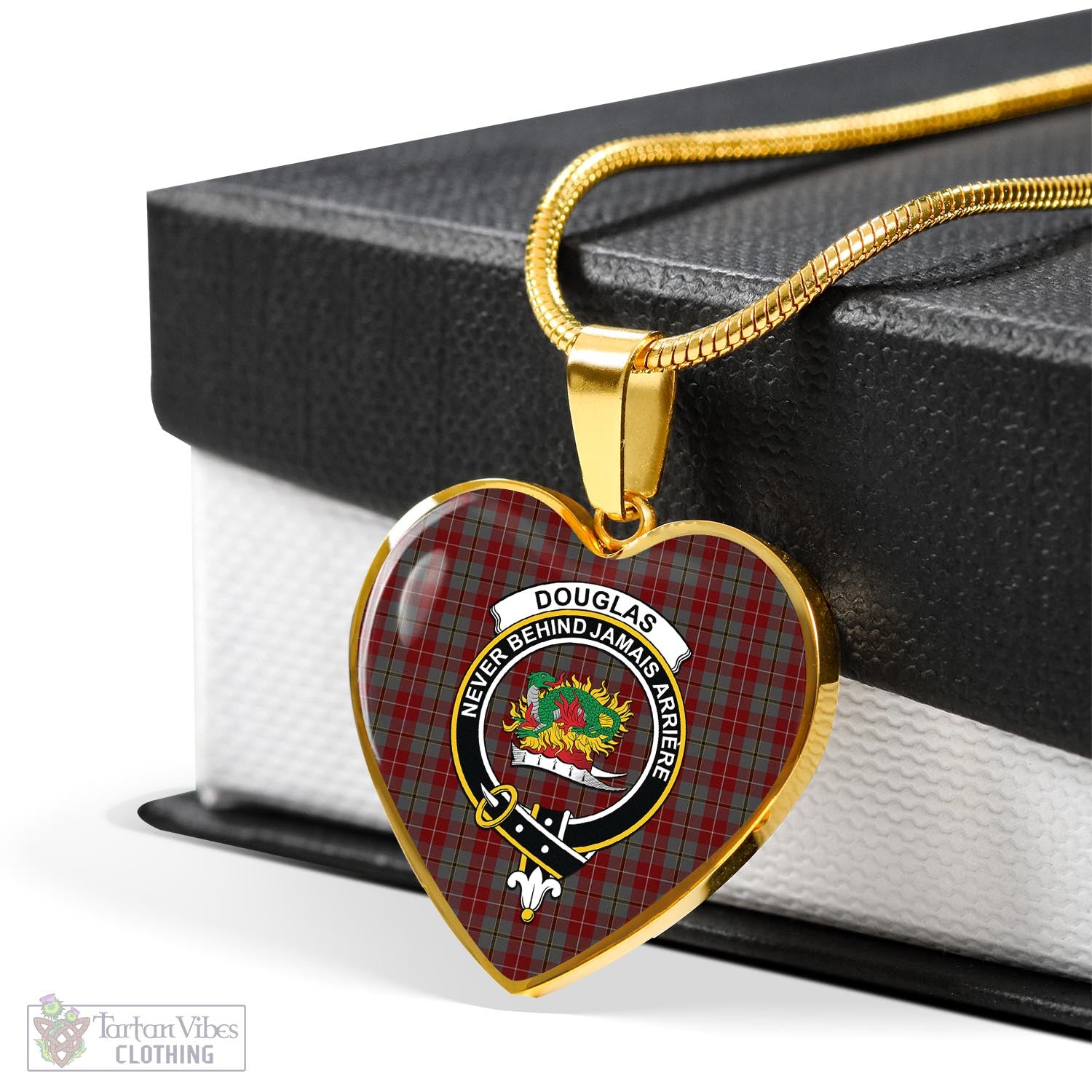 Tartan Vibes Clothing Douglas Ancient Red Tartan Heart Necklace with Family Crest