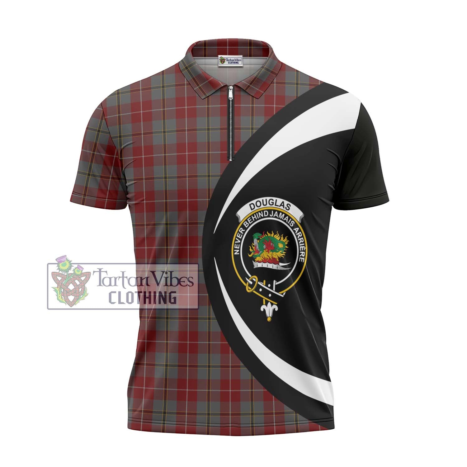 Tartan Vibes Clothing Douglas Ancient Red Tartan Zipper Polo Shirt with Family Crest Circle Style