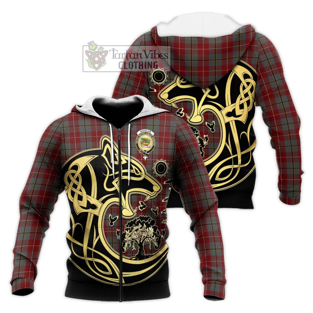 Douglas Ancient Red Tartan Knitted Hoodie with Family Crest Celtic Wolf Style Unisex Knitted Zip Hoodie - Tartan Vibes Clothing