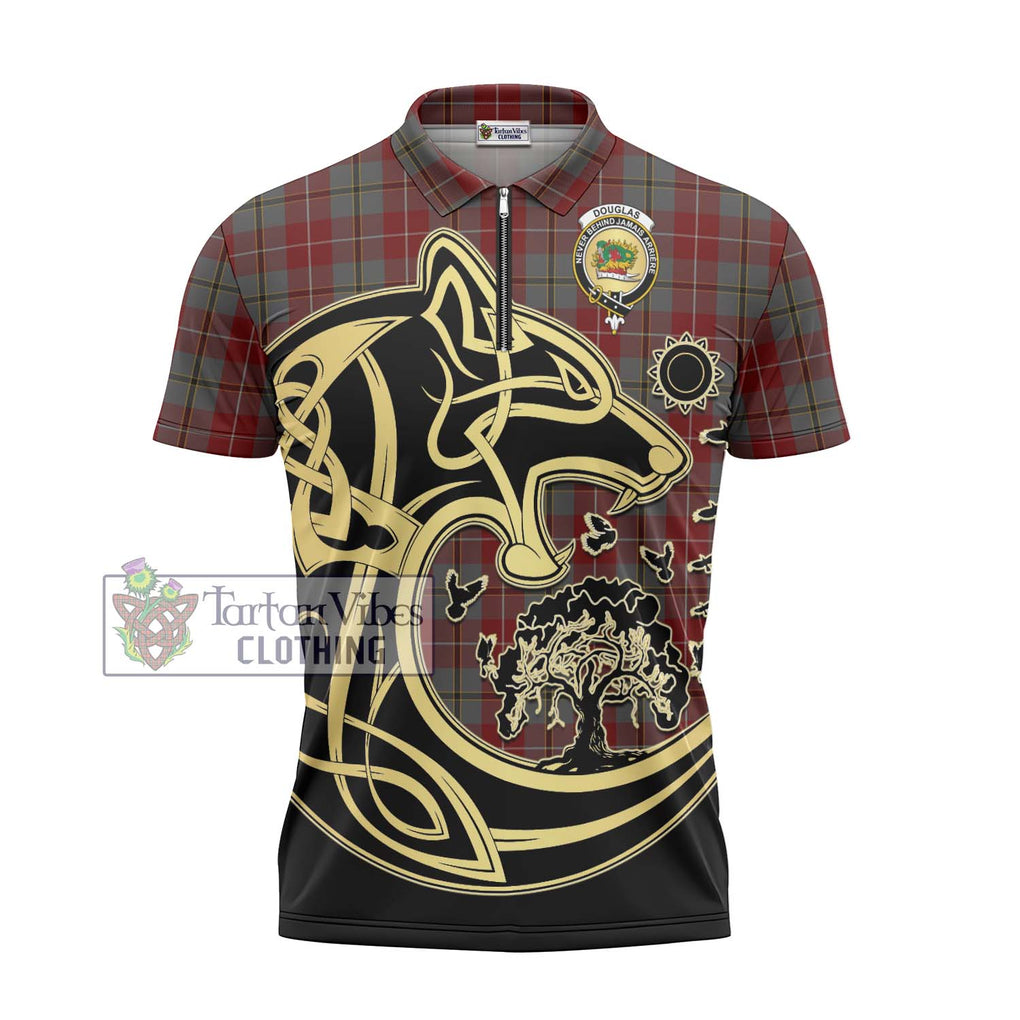 Douglas Ancient Red Tartan Zipper Polo Shirt with Family Crest Celtic Wolf Style - Tartanvibesclothing Shop