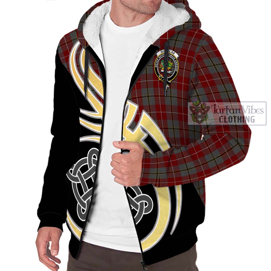 Douglas Ancient Red Tartan Sherpa Hoodie with Family Crest and Celtic Symbol Style - Tartan Vibes Clothing