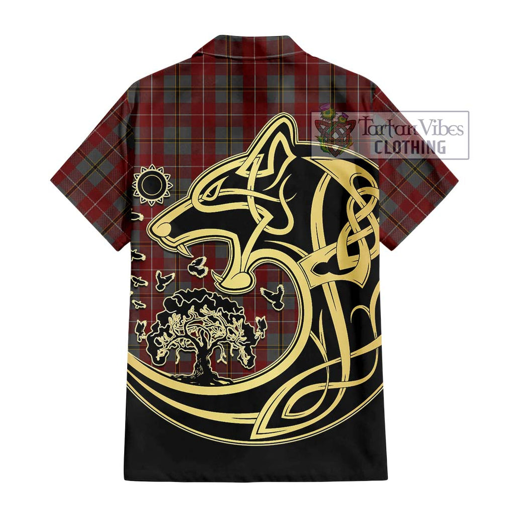 Douglas Ancient Red Tartan Short Sleeve Button Shirt with Family Crest Celtic Wolf Style - Tartan Vibes Clothing