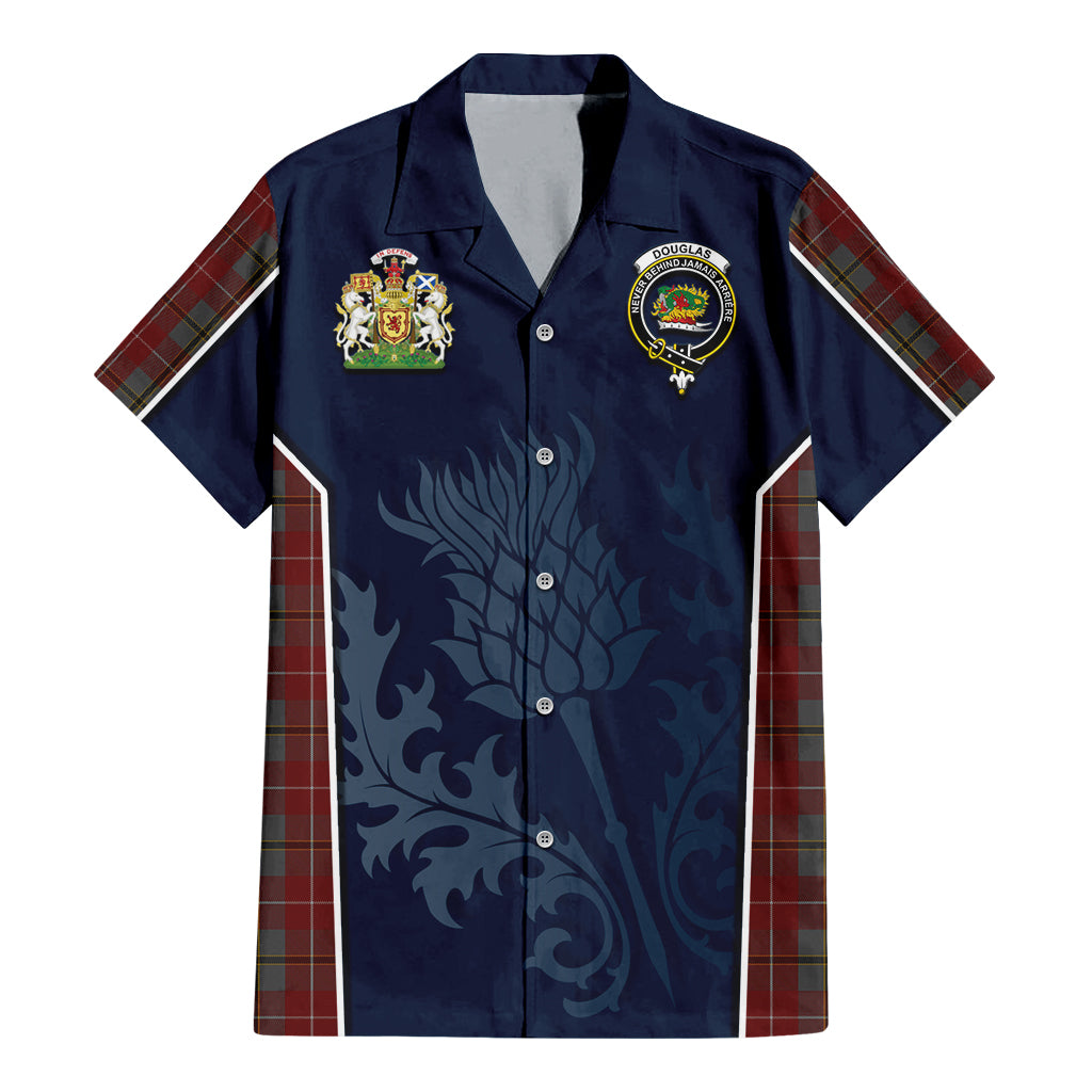 Tartan Vibes Clothing Douglas Ancient Red Tartan Short Sleeve Button Up Shirt with Family Crest and Scottish Thistle Vibes Sport Style