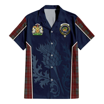 Douglas Ancient Red Tartan Short Sleeve Button Up Shirt with Family Crest and Scottish Thistle Vibes Sport Style