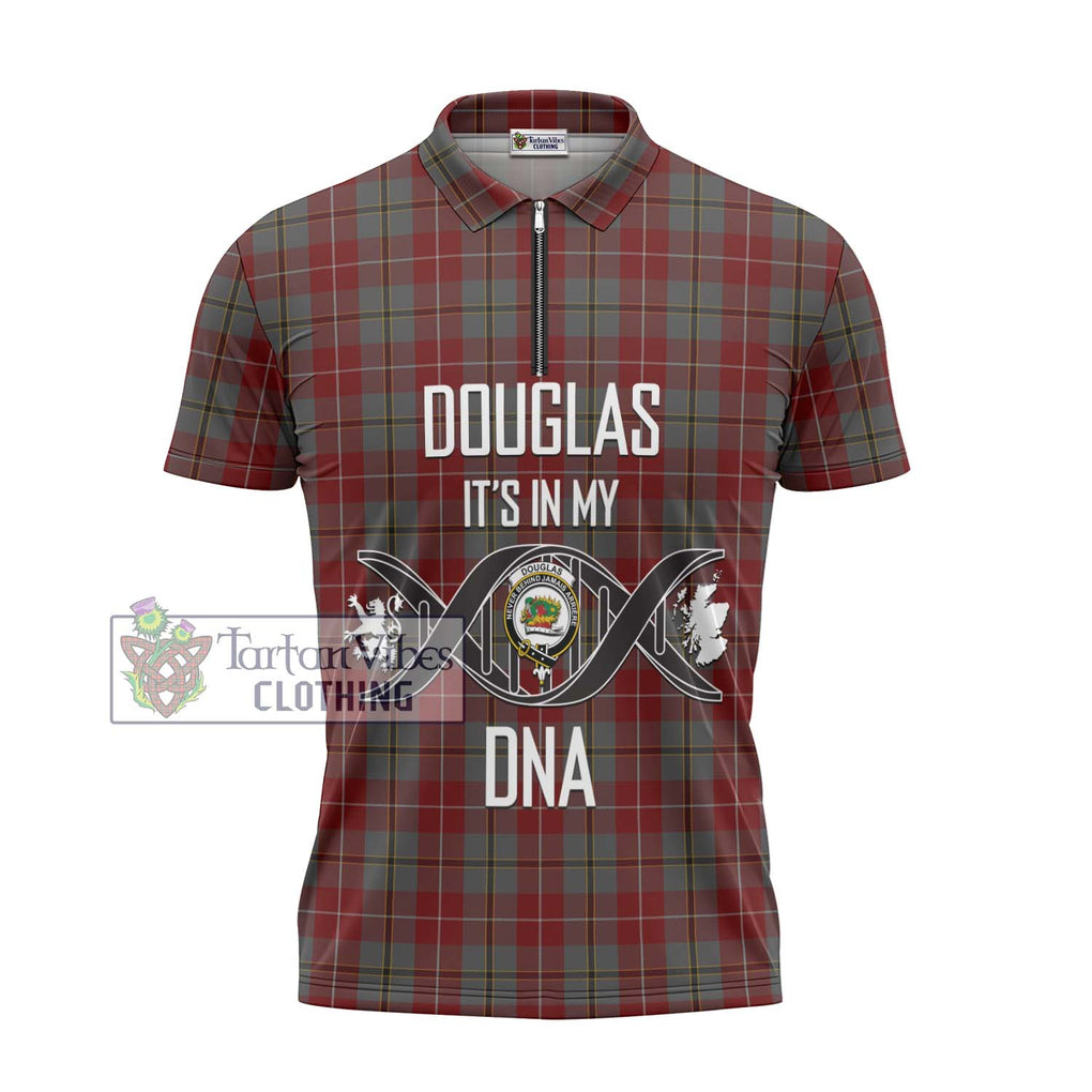 Douglas Ancient Red Tartan Zipper Polo Shirt with Family Crest DNA In Me Style - Tartanvibesclothing Shop